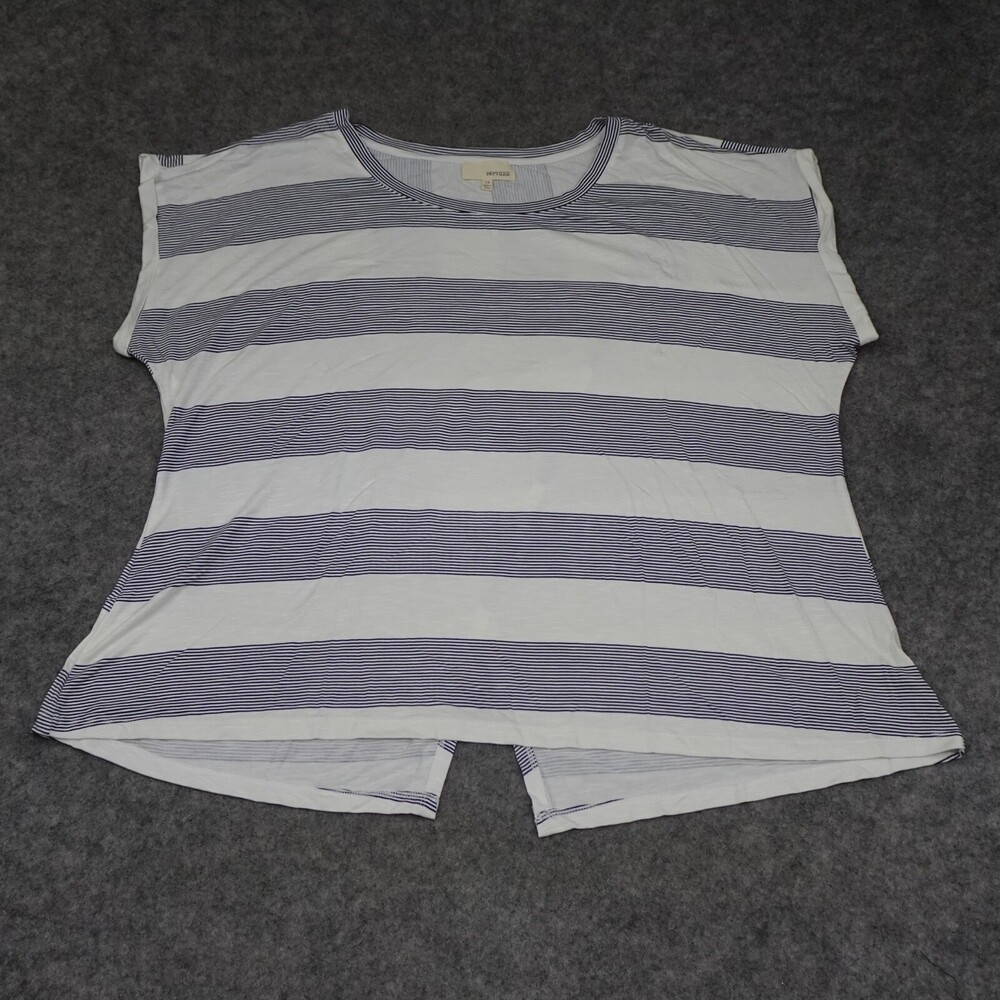 Dept 222 Top Womens 1X Black White Striped Short Sleeve Boho Hi Lo Hem